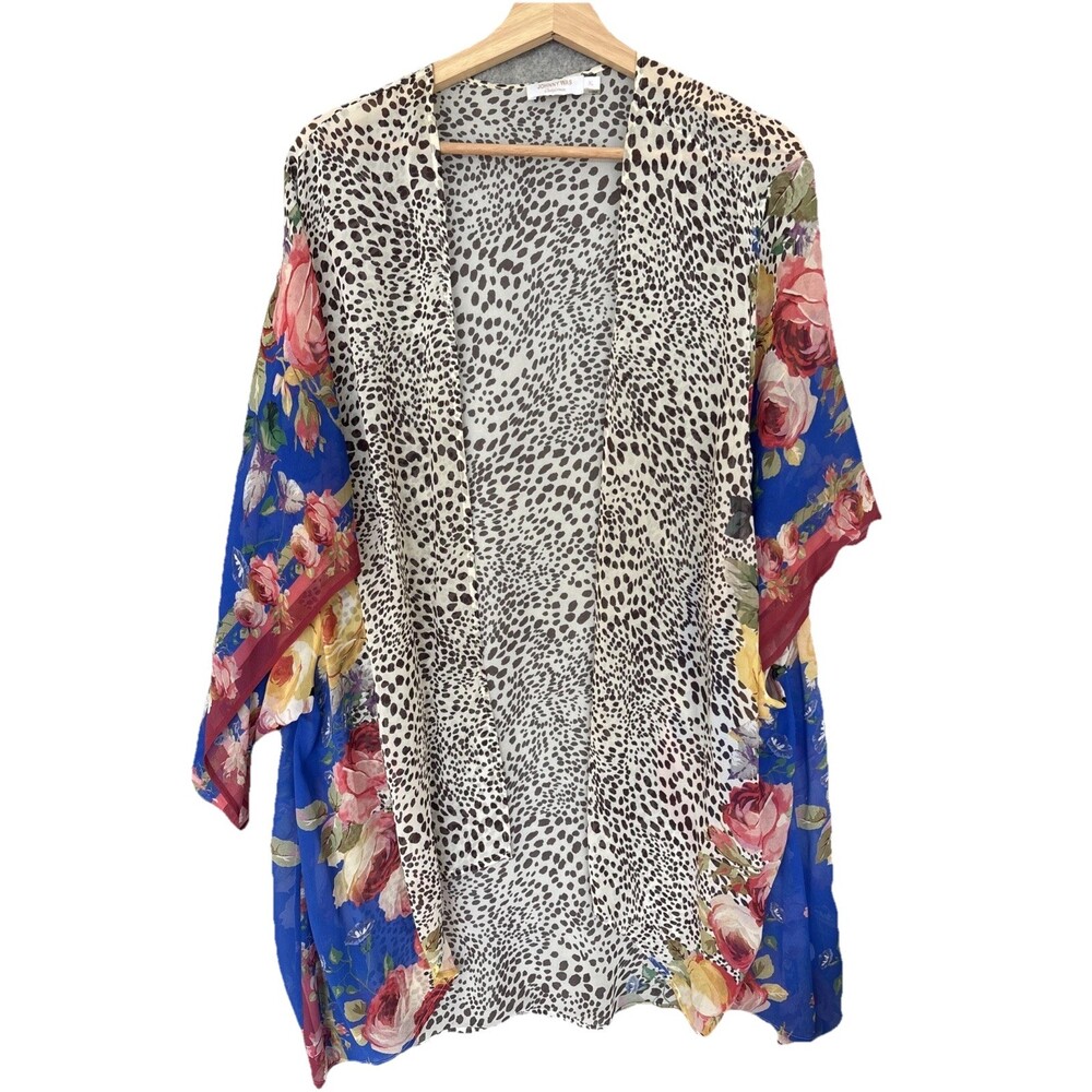 Johnny Was Kimono Women's XL Leopard Floral Print Longline Boho Layer